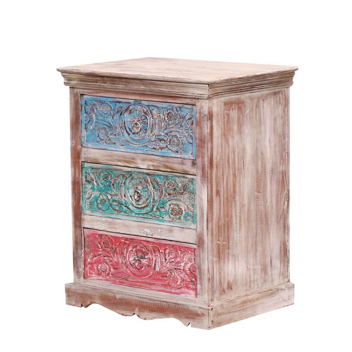 Alamance Hand carved Reclaimed Wood 3 Drawer Nightstand