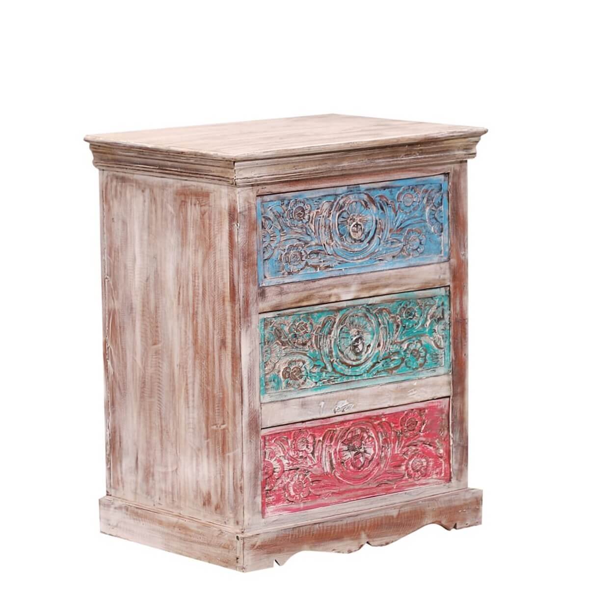 Alamance Hand carved Reclaimed Wood 3 Drawer Nightstand