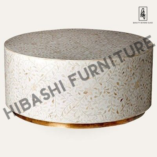 BONE INLAY BRASS ROUND DRUM COFFEE TABLE – handcrafted solid wood furniture