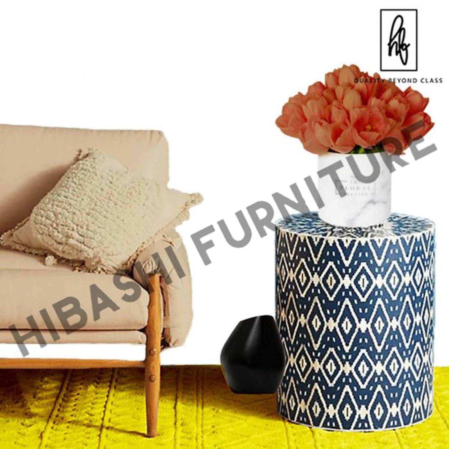 Bone Inlay Drum End & Side Tables - Diamond, Large – handcrafted solid wood furniture