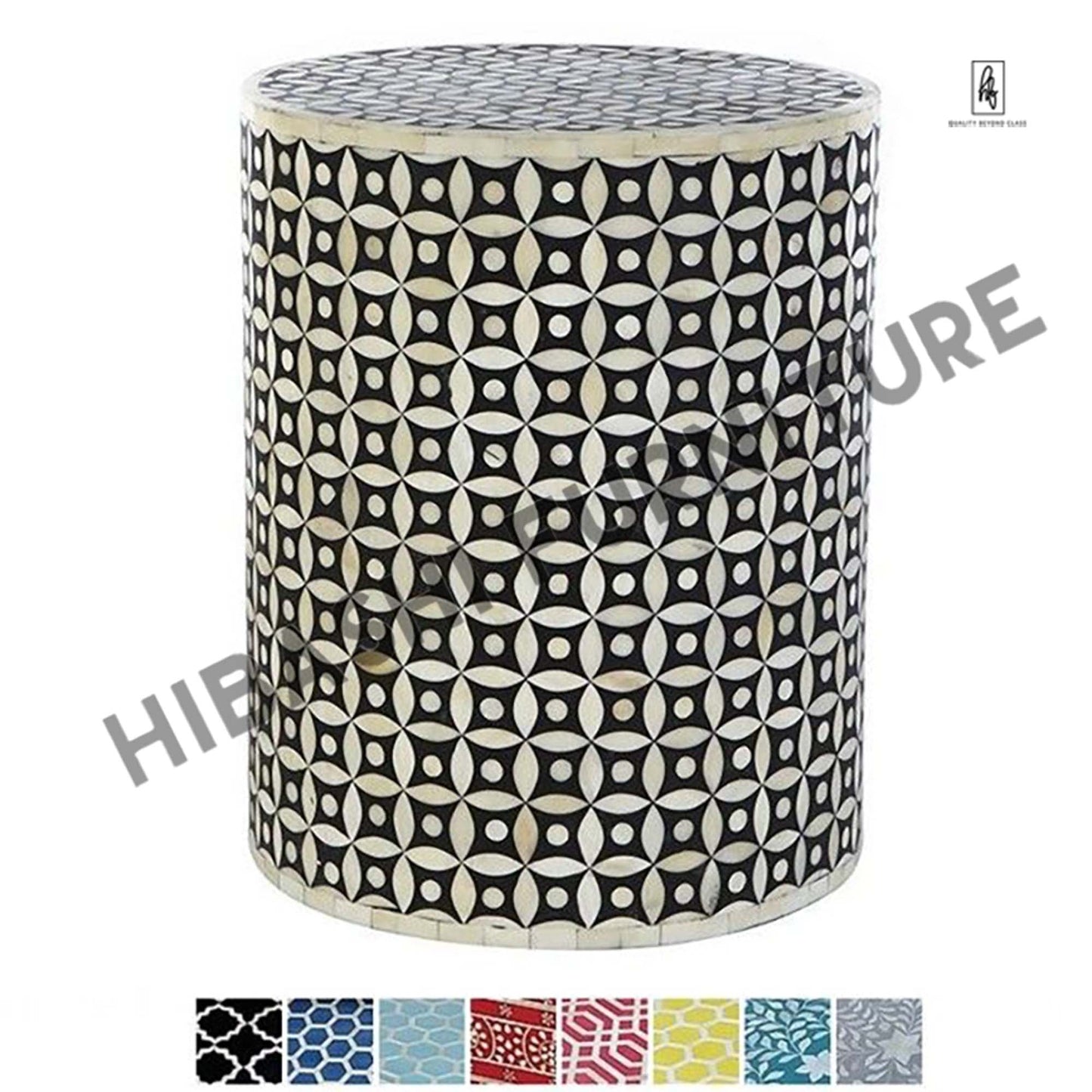 Bone Inlay Geometry Design Round Side Table – handcrafted solid wood furniture