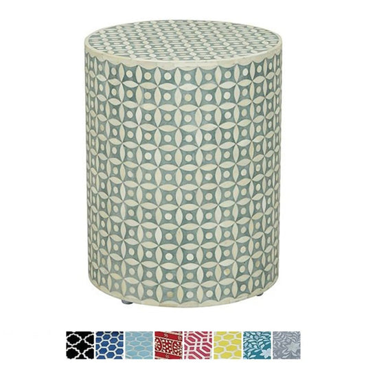 Bone Inlay Geometry Design Round Side Table – handcrafted solid wood furniture