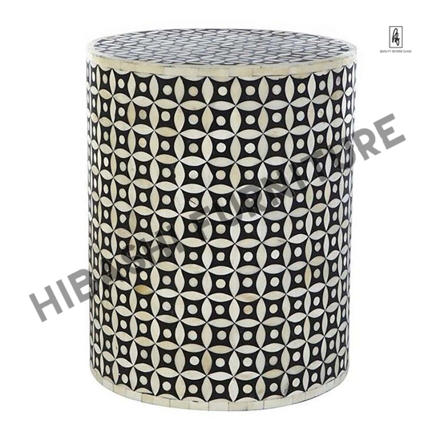 Bone Inlay Geometry Design Round Side Table – handcrafted solid wood furniture