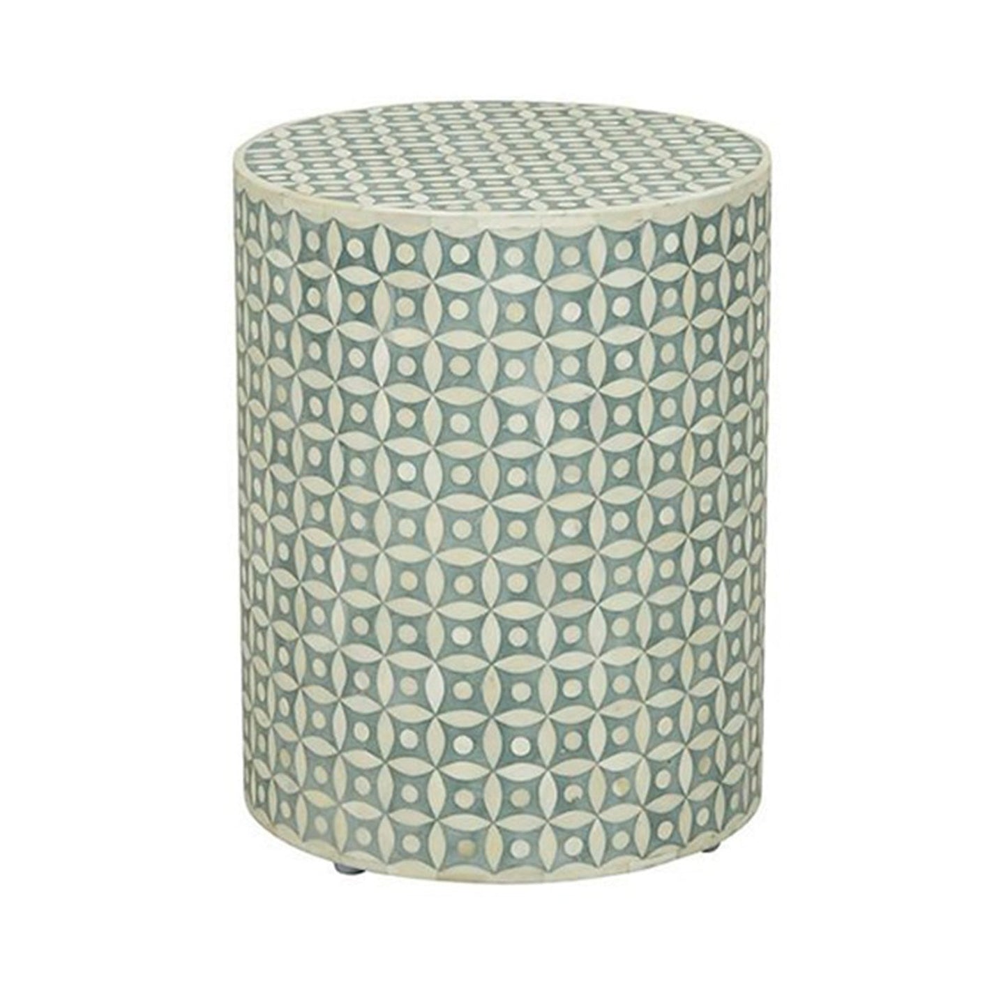 Bone Inlay Geometry Design Round Side Table – handcrafted solid wood furniture