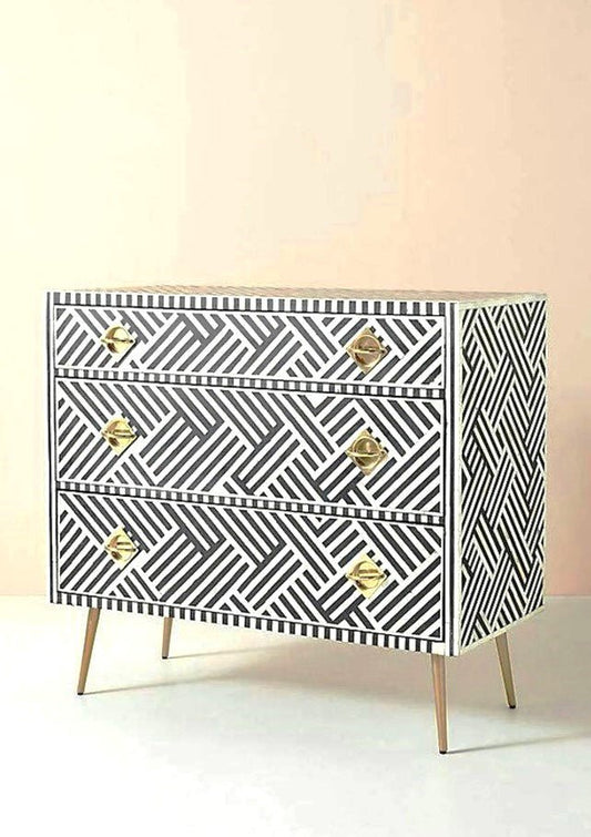 Bone Inlay Handmade 3 Drawer Black and white Entryway / Bedside – handcrafted solid wood furniture