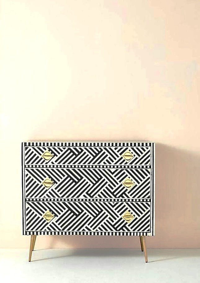 Bone Inlay Handmade 3 Drawer Black and white Entryway / Bedside – handcrafted solid wood furniture