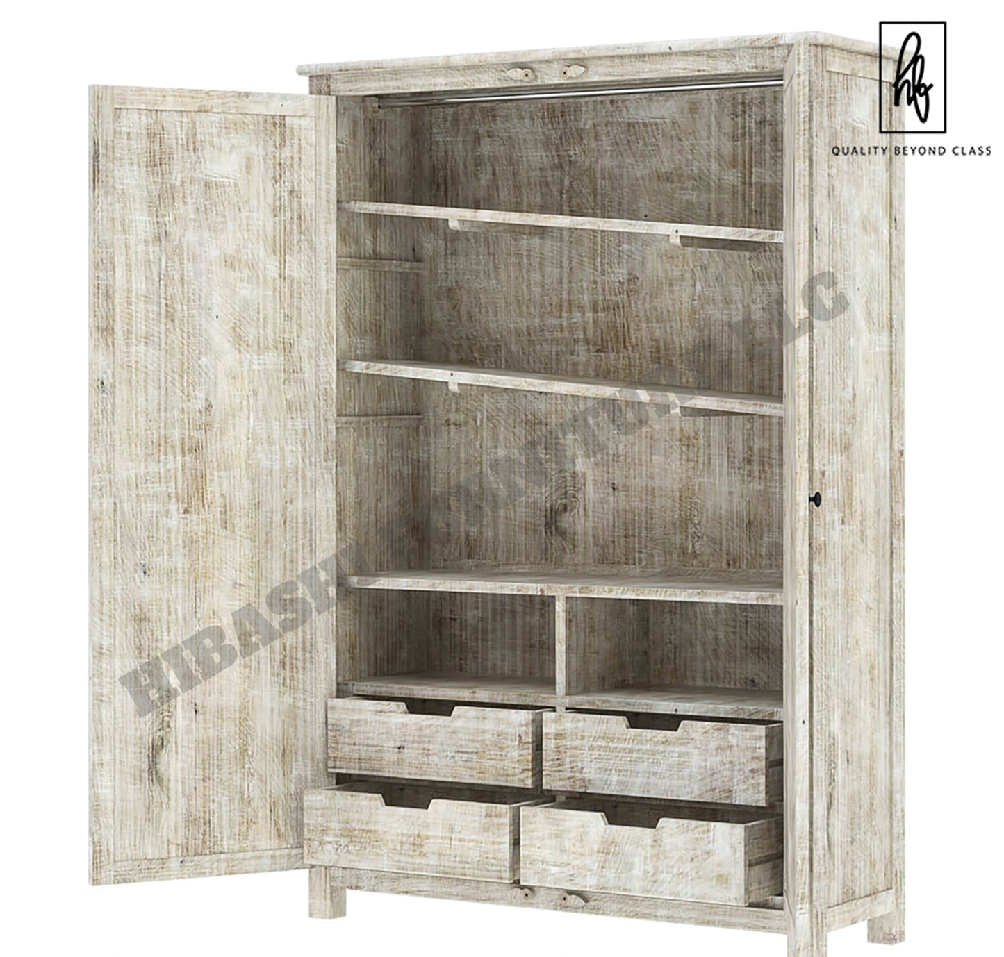 Sunflower Hand carved Solid Wood Large White Wardrobe Armoire