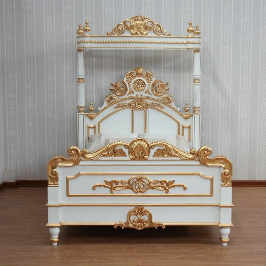 Crown Solid Mango Wood Antique White/Gold Poster Canopy Bed – handcrafted solid wood furniture