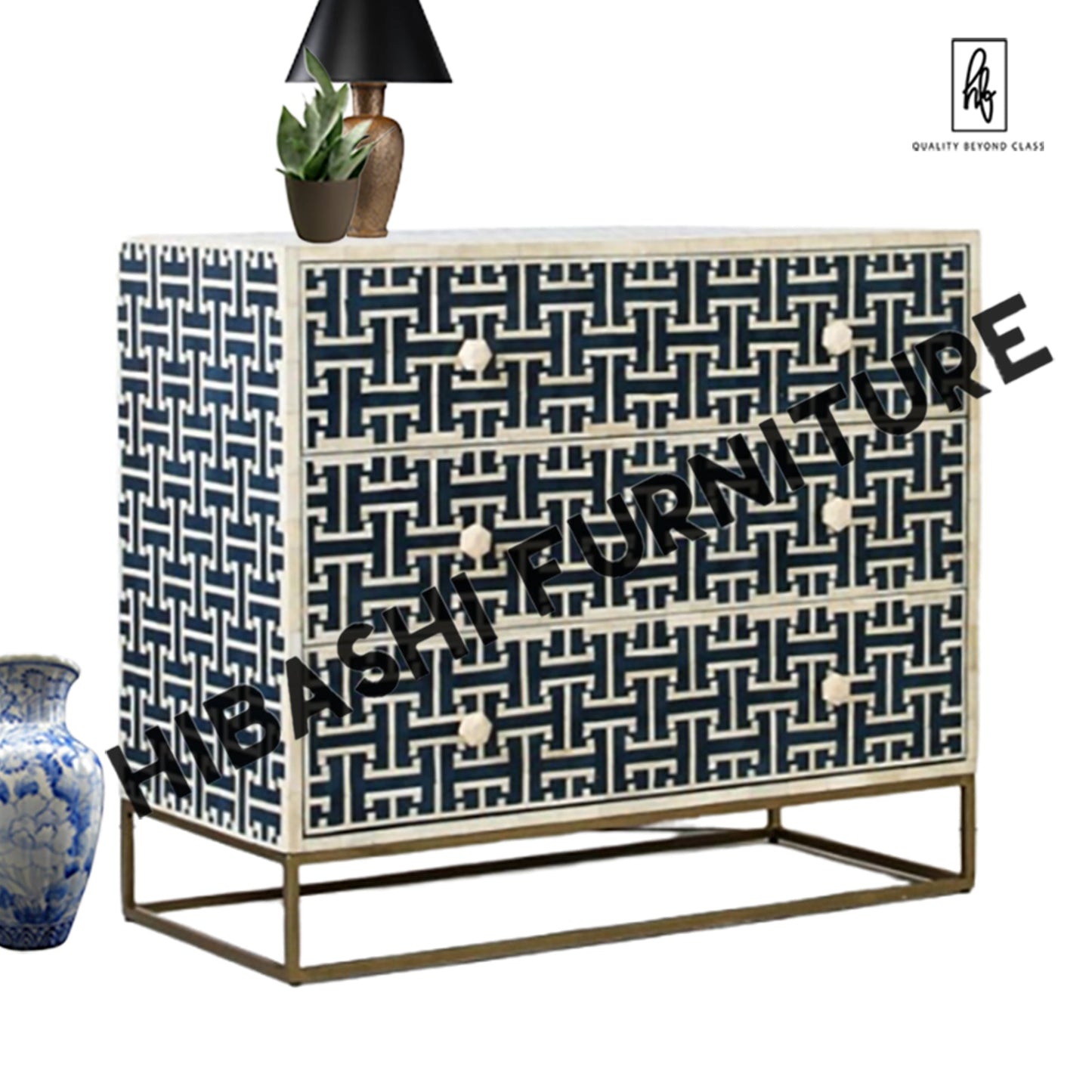 DANA Bone Inlay Chest on Brass Legs INDIGO BLUE – handcrafted solid wood furniture