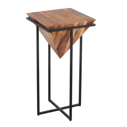 DAPITAN Pyramid Shape Wooden Side Table With Cross Metal Base Accent Table – handcrafted solid wood furniture