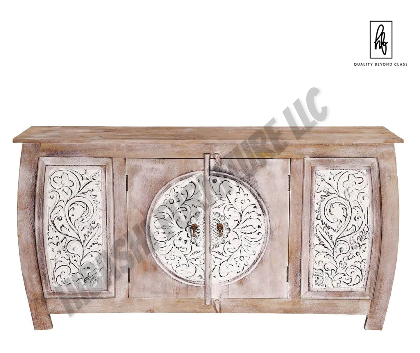 DASMA White Floral Doors Rustic Large Sideboard Cabinet – handcrafted solid wood furniture