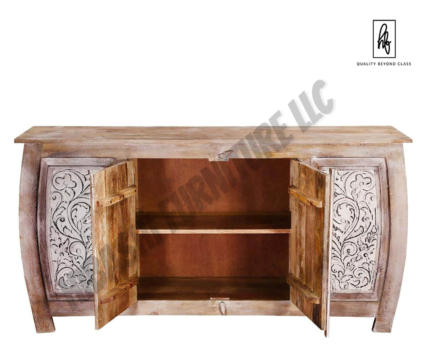 DASMA White Floral Doors Rustic Large Sideboard Cabinet – handcrafted solid wood furniture