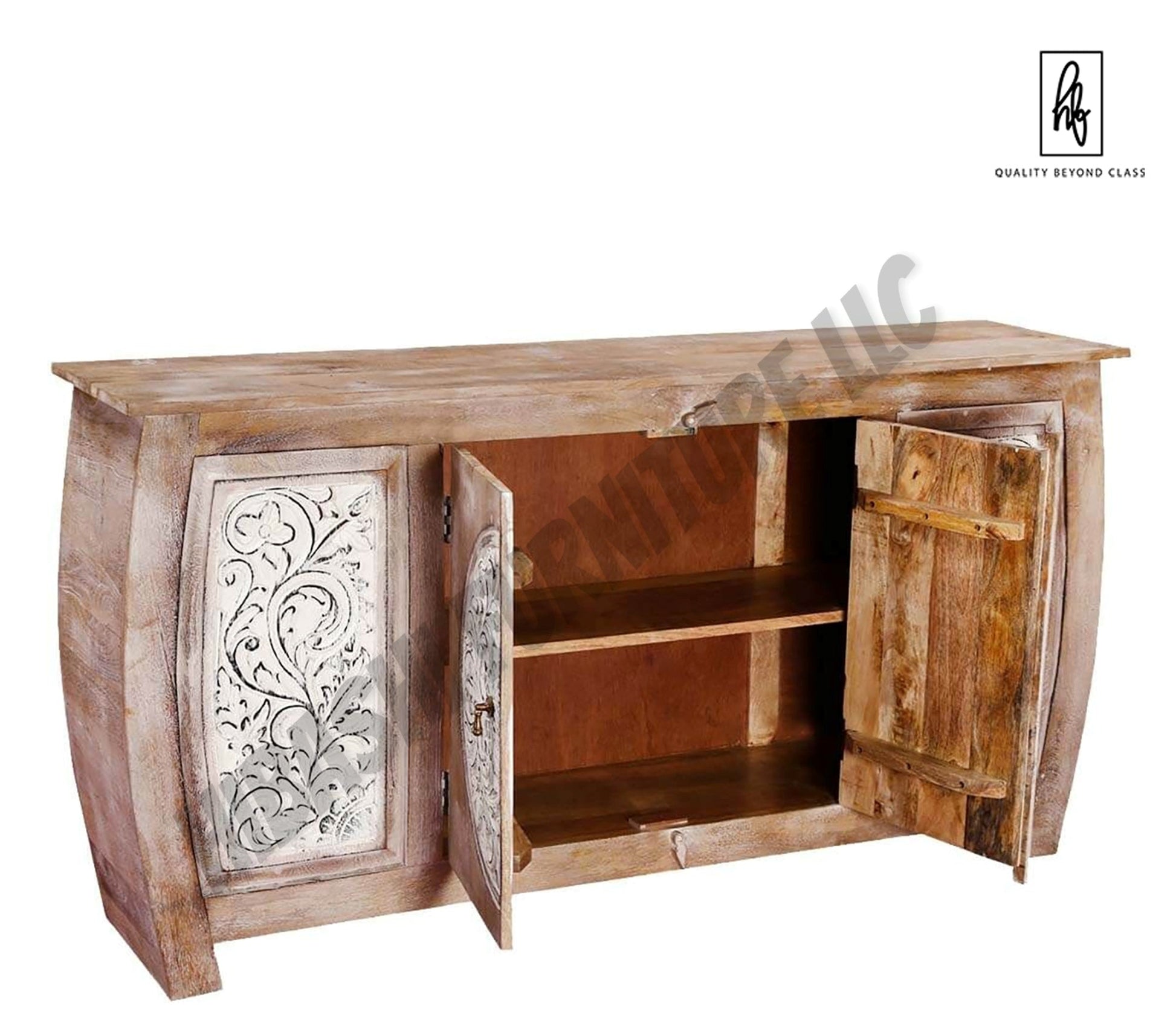 DASMA White Floral Doors Rustic Large Sideboard Cabinet – handcrafted solid wood furniture