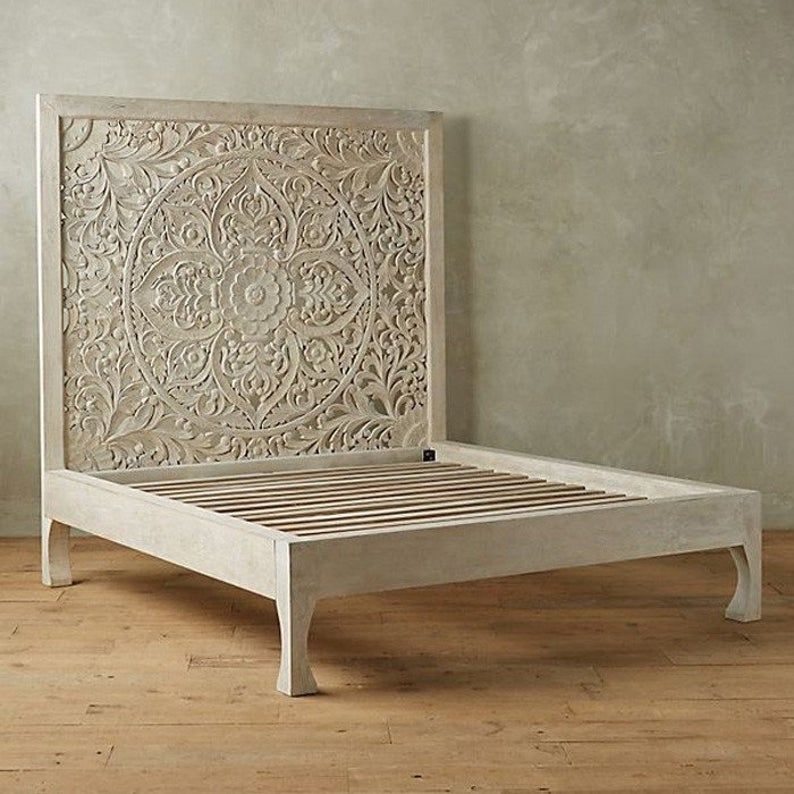 Dynasty hand carved Indian Solid wooden bed frame White – handcrafted solid wood furniture