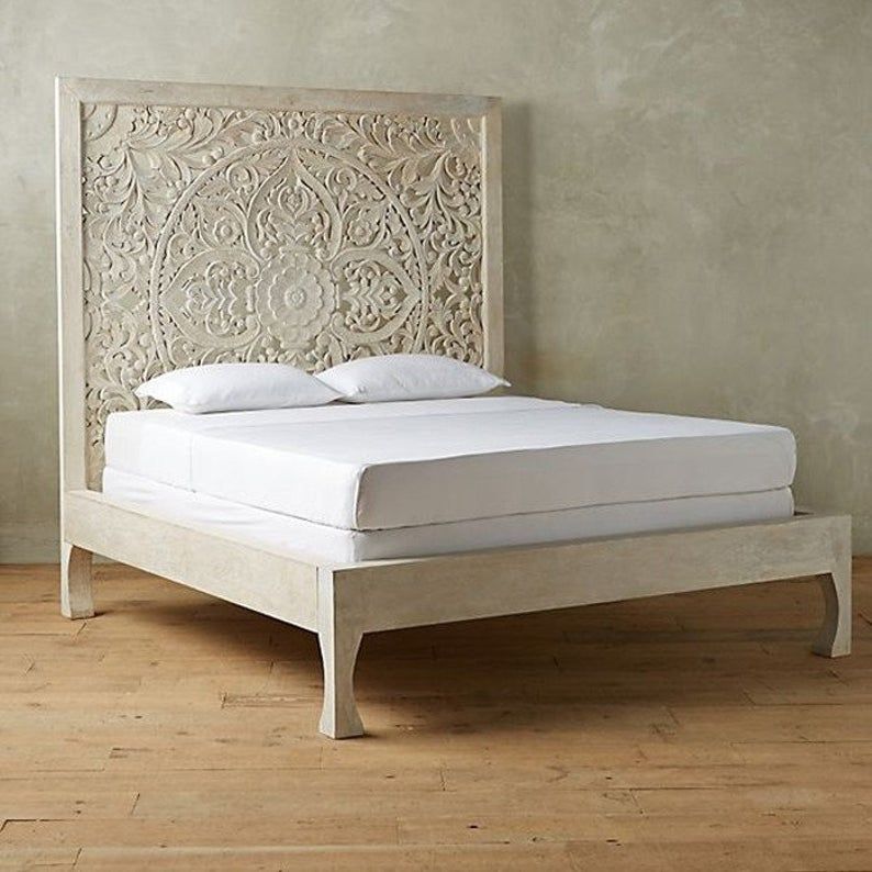 Dynasty hand carved Indian Solid wooden bed frame White – handcrafted solid wood furniture
