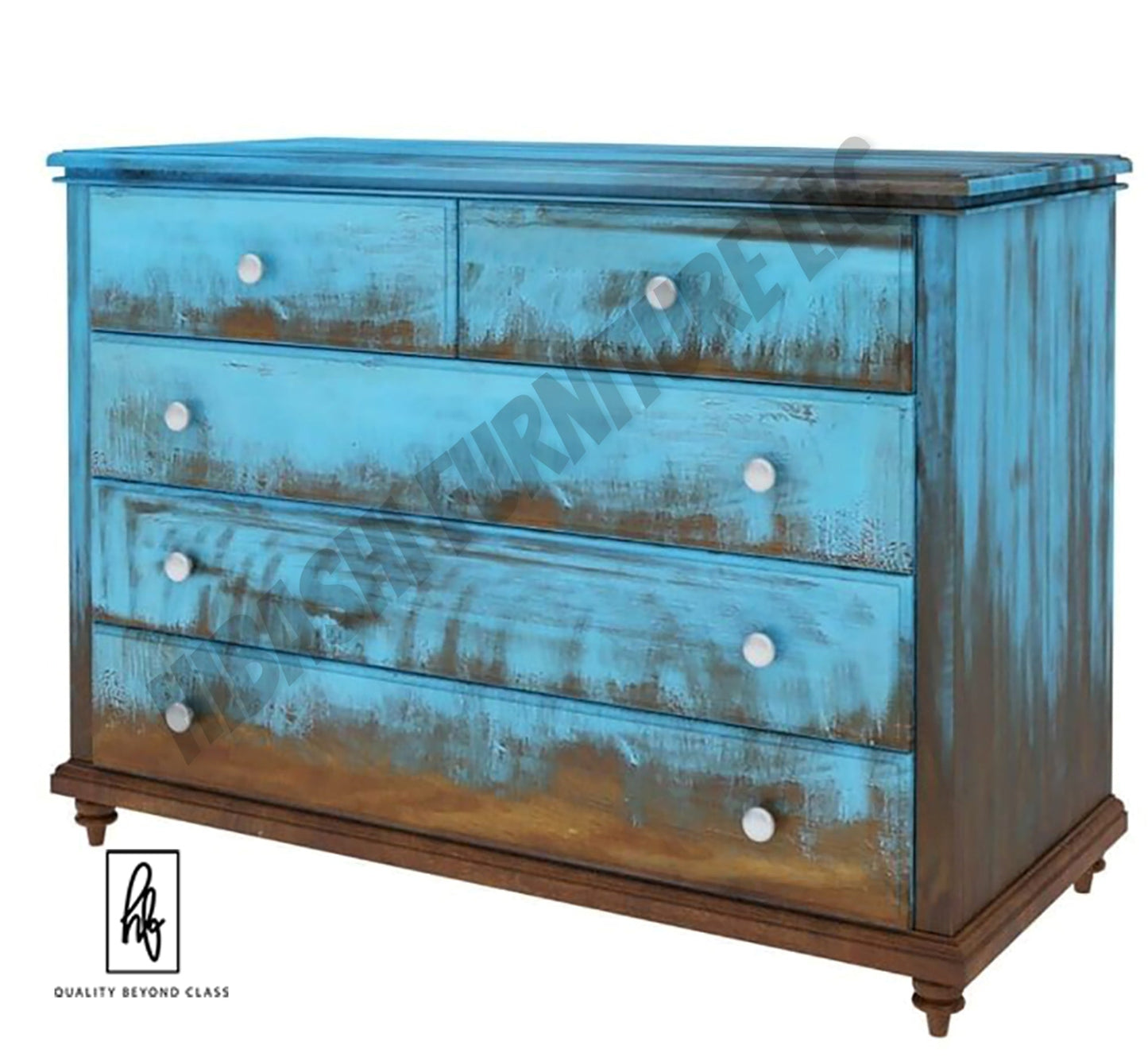 Empire Blue Dawn Rustic Solid Mango Wood Bedroom Dresser With 5 Drawer by Hibashi Furniture – handcrafted solid wood furniture made in India