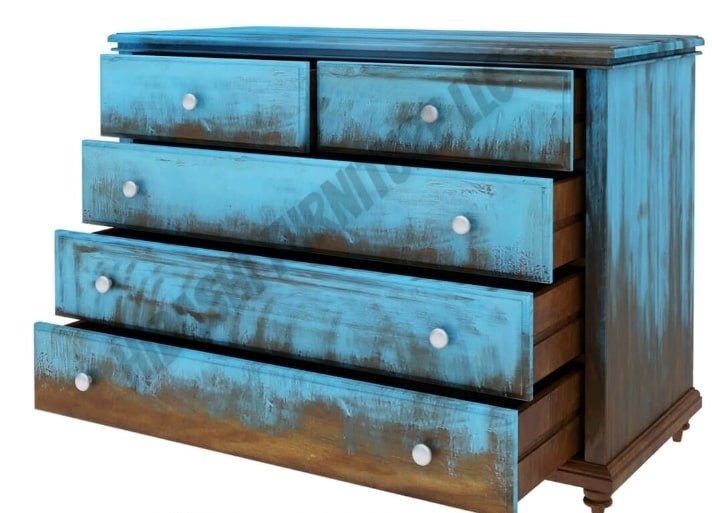 Empire Blue Dawn Rustic Solid Mango Wood Bedroom Dresser With 5 Drawer by Hibashi Furniture – handcrafted solid wood furniture made in India