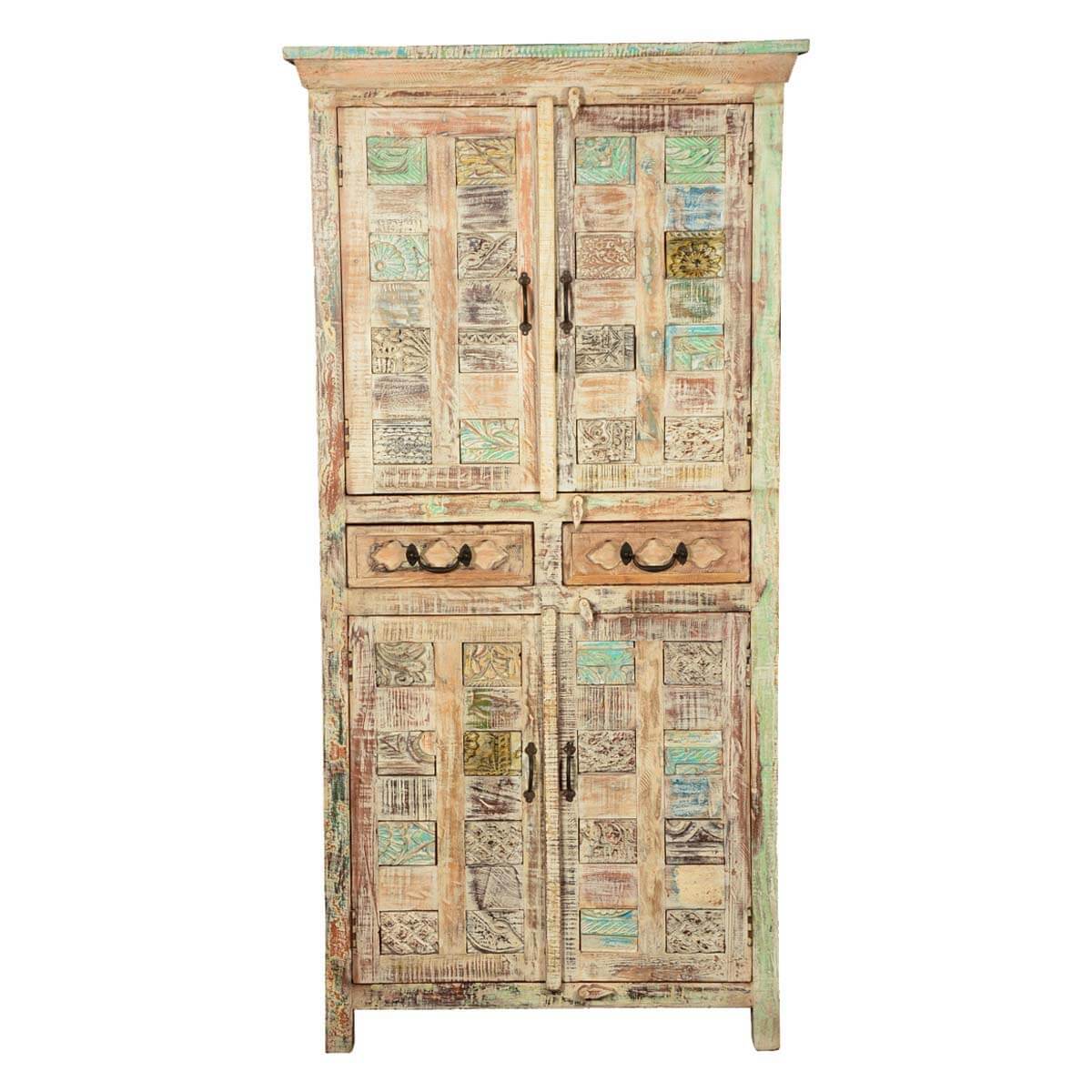 Flora Hand Carved Patterns Distressed Mango Wood Tall Cabinet W Drawers - HF Commercial Furniture