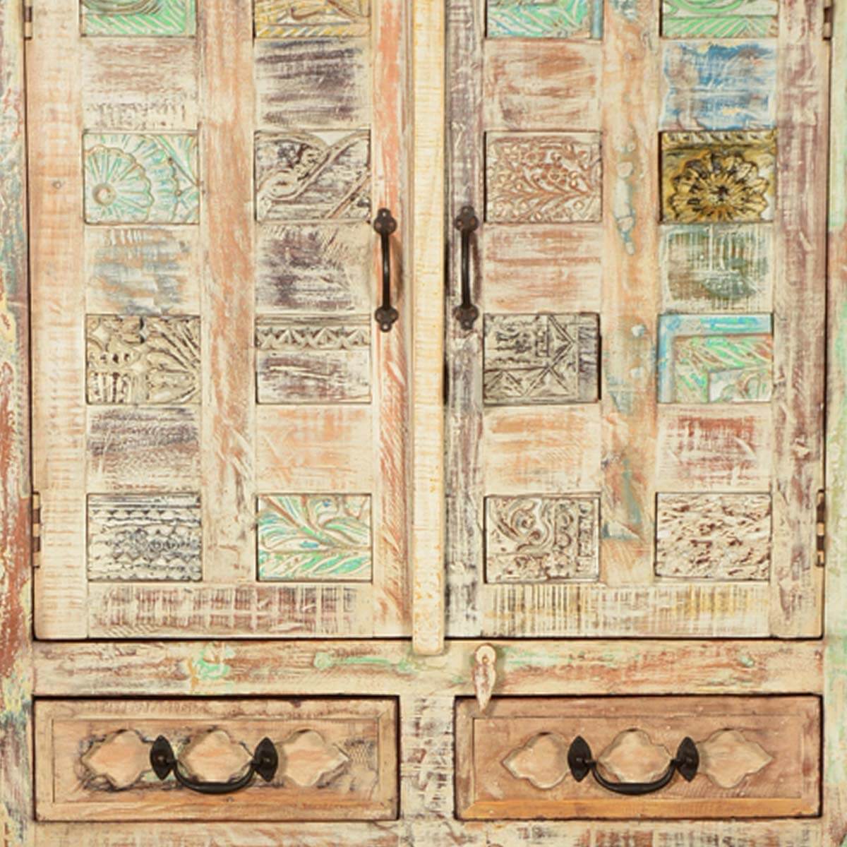 Flora Hand Carved Patterns Distressed Mango Wood Tall Cabinet W Drawers - HF Commercial Furniture