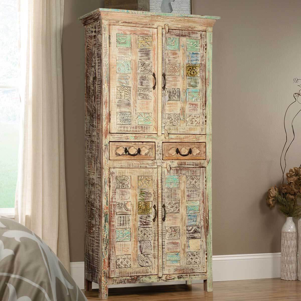 Flora Hand Carved Patterns Distressed Mango Wood Tall Cabinet W Drawers – handcrafted solid wood furniture
