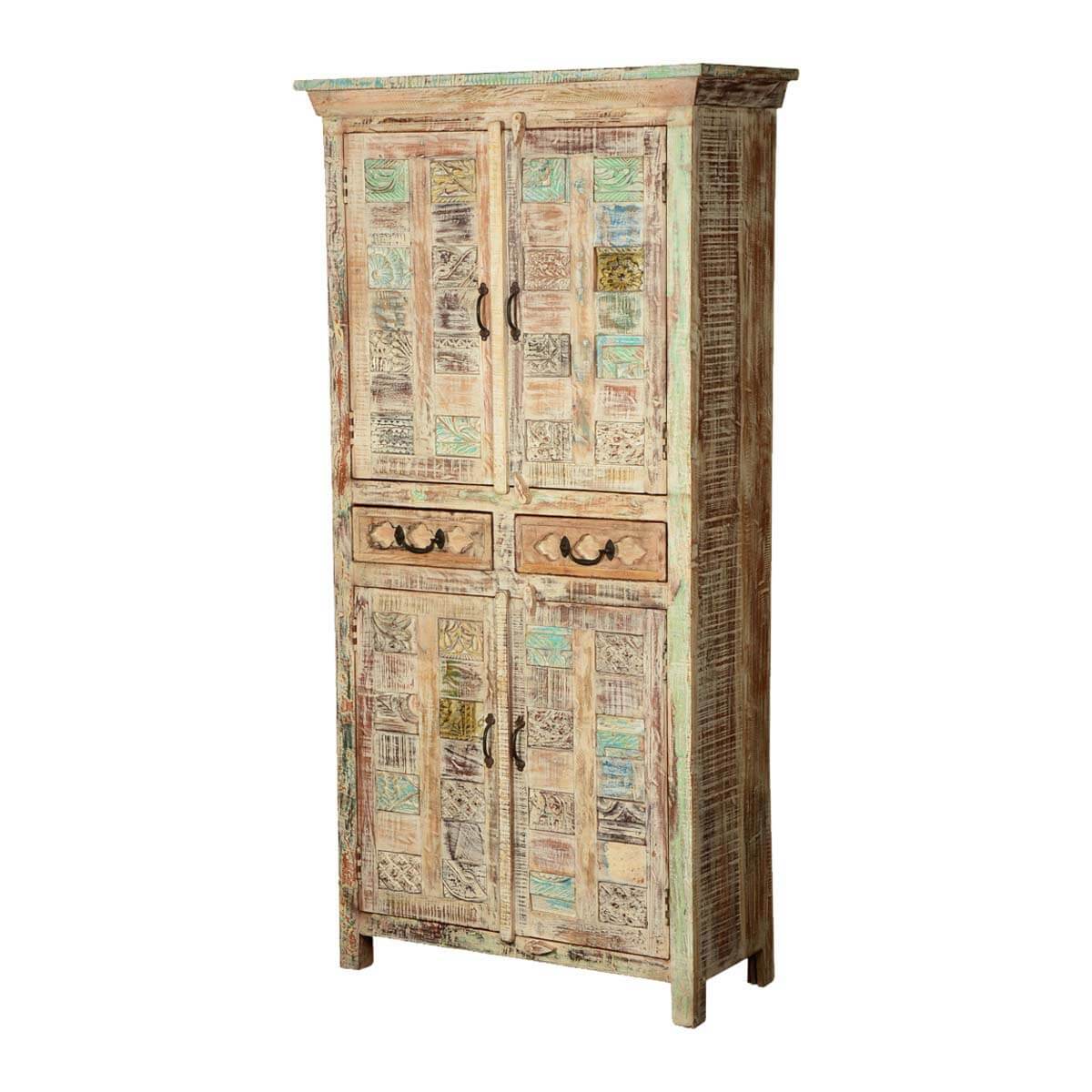 Flora Hand Carved Patterns Distressed Mango Wood Tall Cabinet W Drawers - HF Commercial Furniture