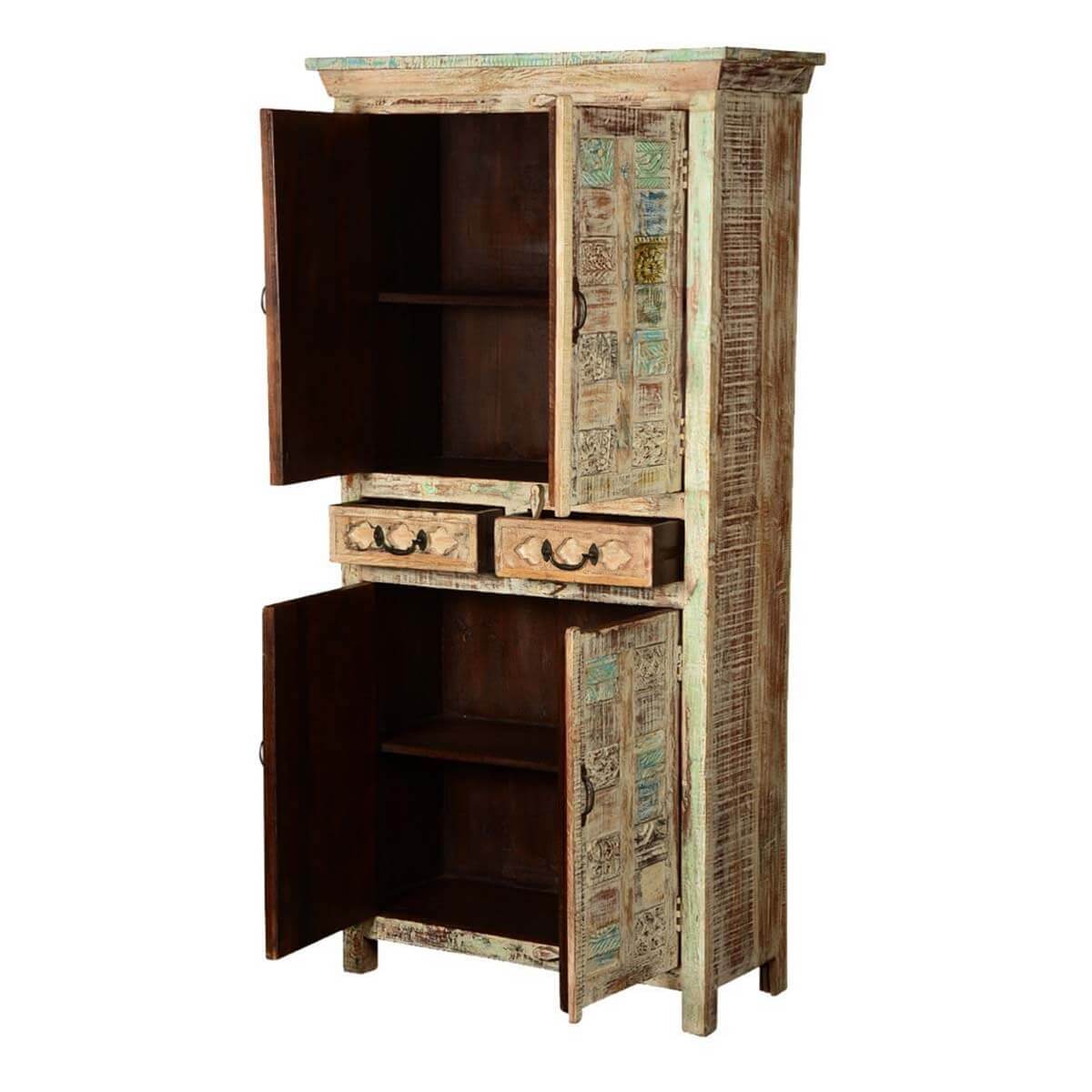 Flora Hand Carved Patterns Distressed Mango Wood Tall Cabinet W Drawers - HF Commercial Furniture