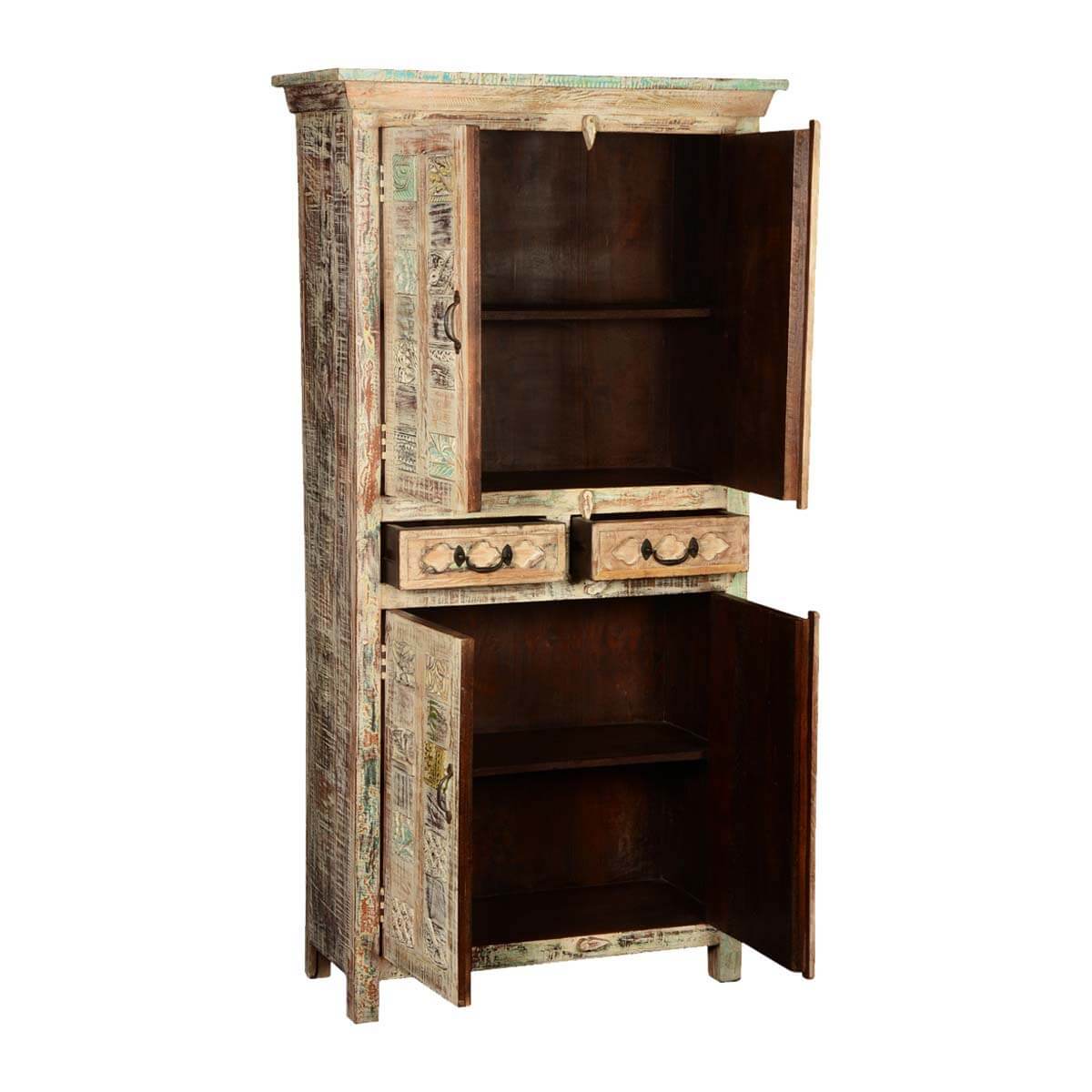 Flora Hand Carved Patterns Distressed Mango Wood Tall Cabinet W Drawers - HF Commercial Furniture