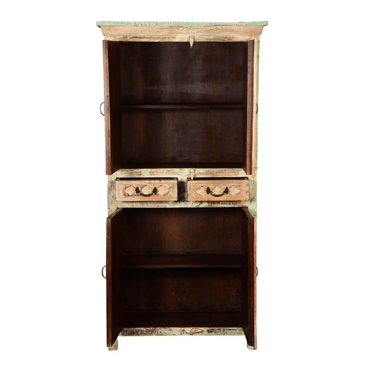 Flora Hand Carved Patterns Distressed Mango Wood Tall Cabinet W Drawers - HF Commercial Furniture