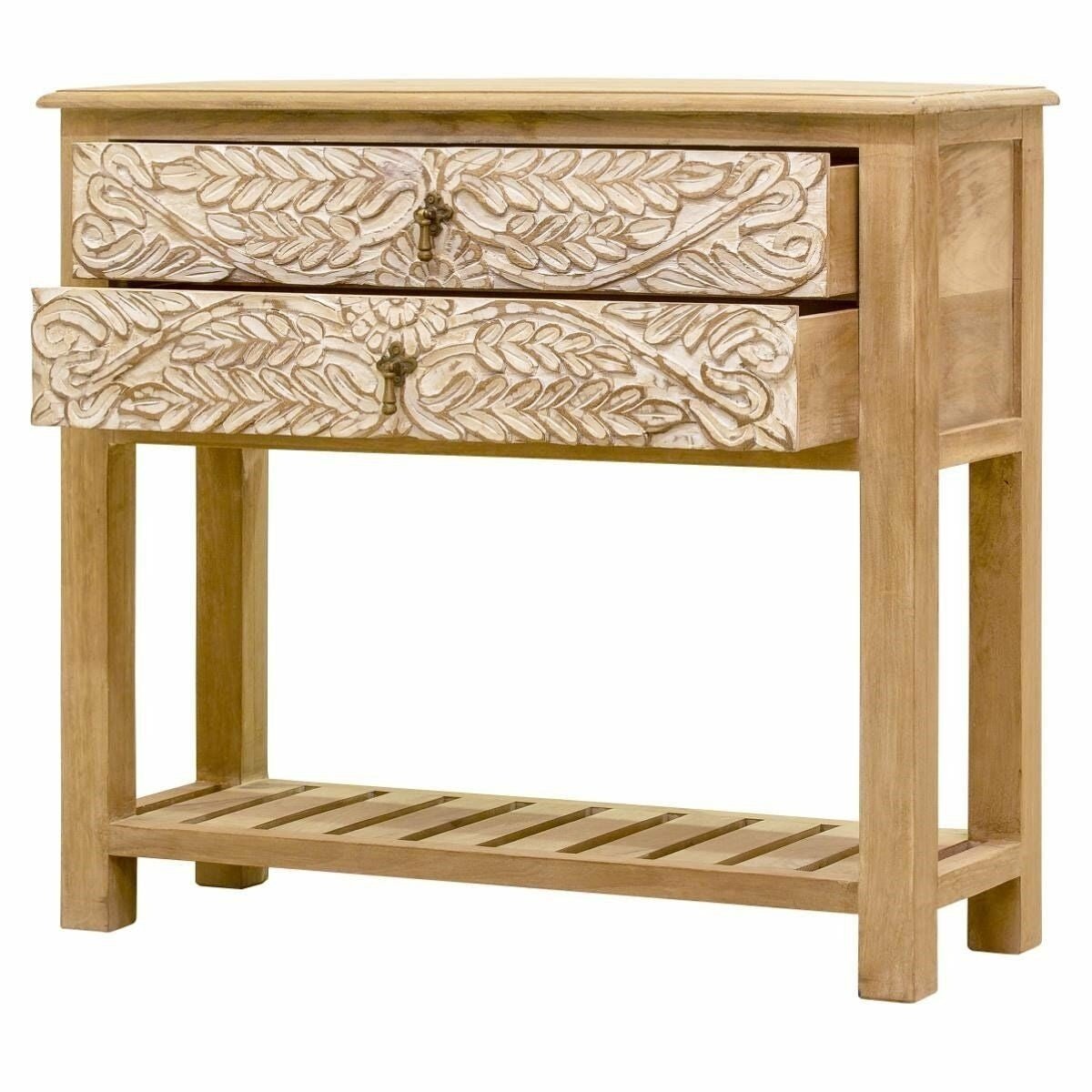 Floral Accent Hand Carved Solid Wood 2 Drawers Hall Side Table by Hibashi Furniture – handcrafted solid wood furniture made in India