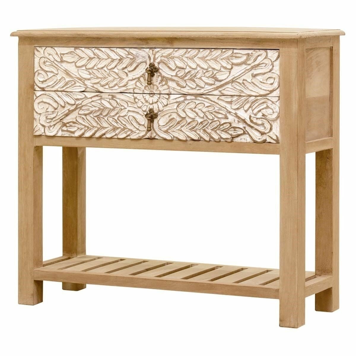 Floral Accent Hand Carved Solid Wood 2 Drawers Hall Side Table by Hibashi Furniture – handcrafted solid wood furniture made in India