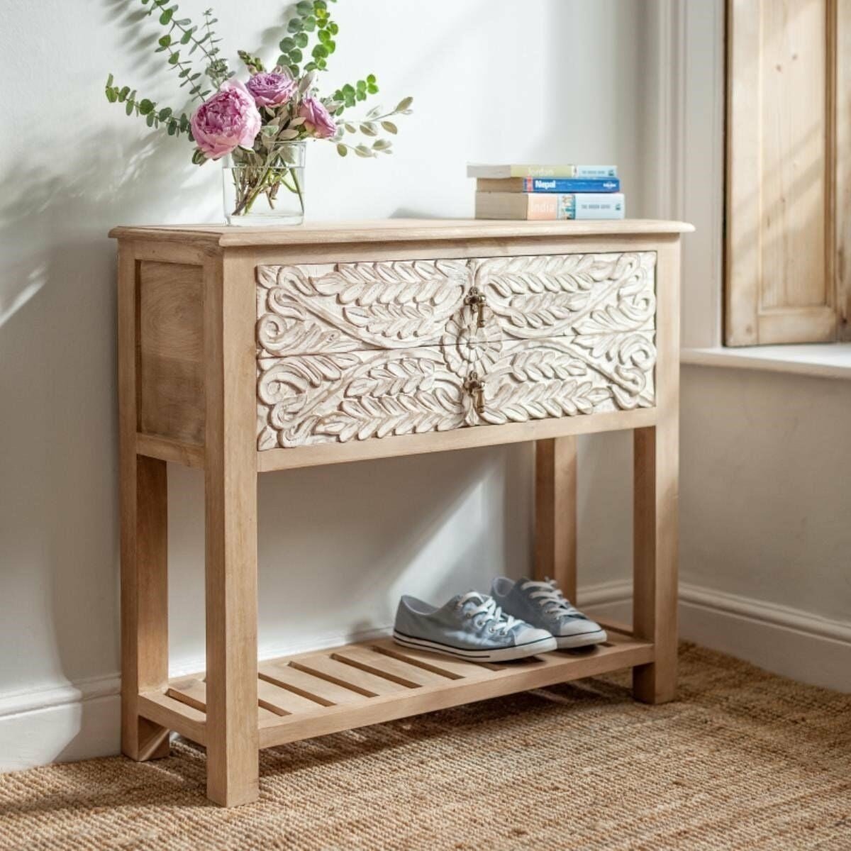 Floral Accent Hand Carved Solid Wood 2 Drawers Hall Side Table by Hibashi Furniture – handcrafted solid wood furniture made in India