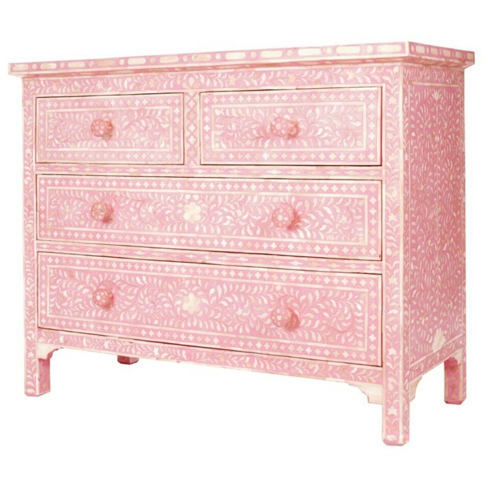 Floral Design Bone Inlay 4 Drawer Chest by Hibashi Furniture – handcrafted solid wood furniture made in India