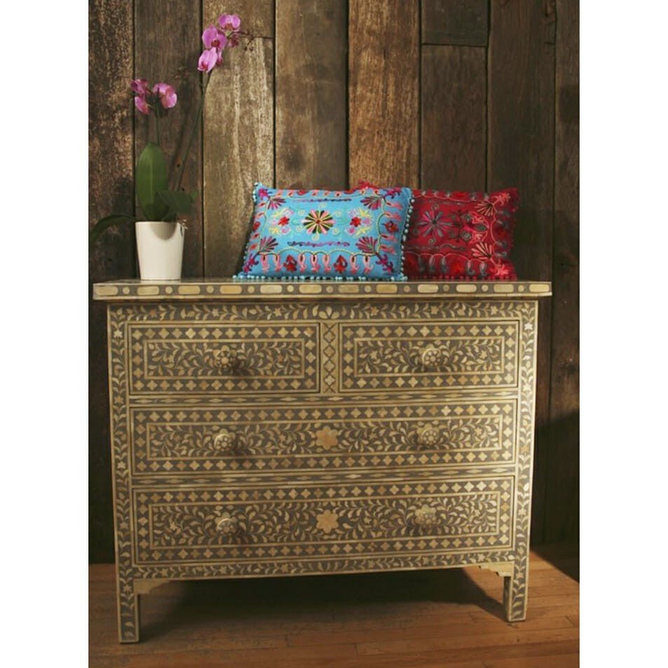 Floral Design Bone Inlay 4 Drawer Chest by Hibashi Furniture – handcrafted solid wood furniture made in India