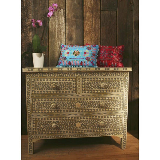 Floral Design Bone Inlay 4 Drawer Chest – handcrafted solid wood furniture