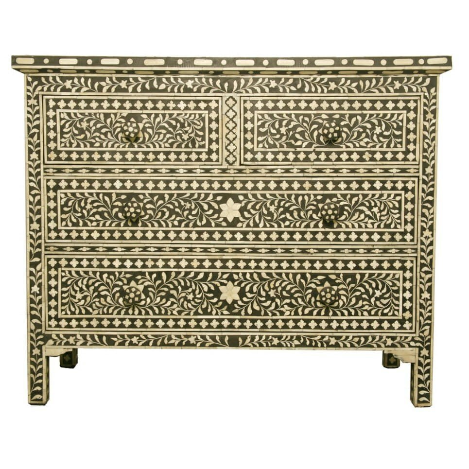 Floral Design Bone Inlay 4 Drawer Chest by Hibashi Furniture – handcrafted solid wood furniture made in India