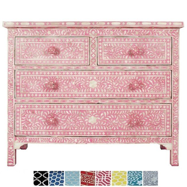 Floral Design Bone Inlay 4 Drawer Chest by Hibashi Furniture – handcrafted solid wood furniture made in India