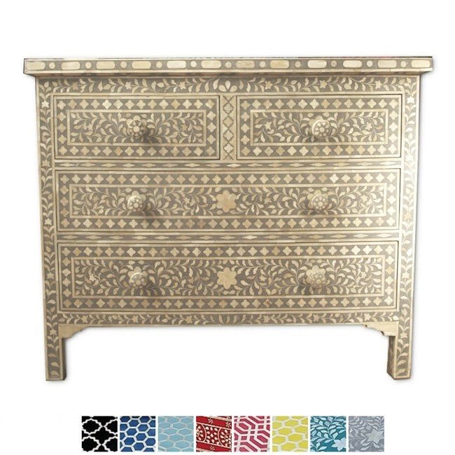 Floral Design Bone Inlay 4 Drawer Chest by Hibashi Furniture – handcrafted solid wood furniture made in India