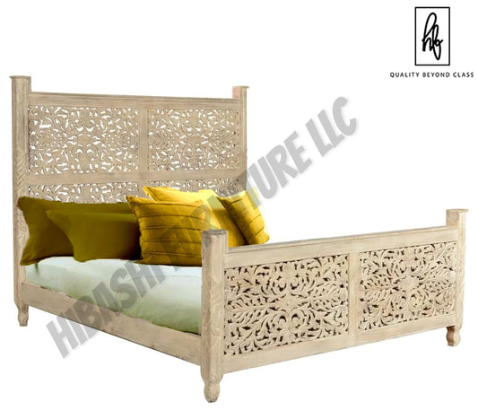 Floral Hand Carved Moroccan Style Flatform Bed – handcrafted solid wood furniture