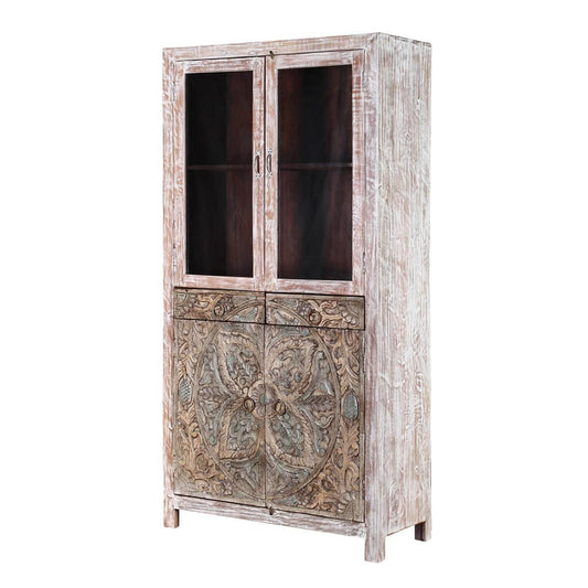 Floral Indian Hand carved Rustic Solid Wood Display Cabinet Armoire – handcrafted solid wood furniture