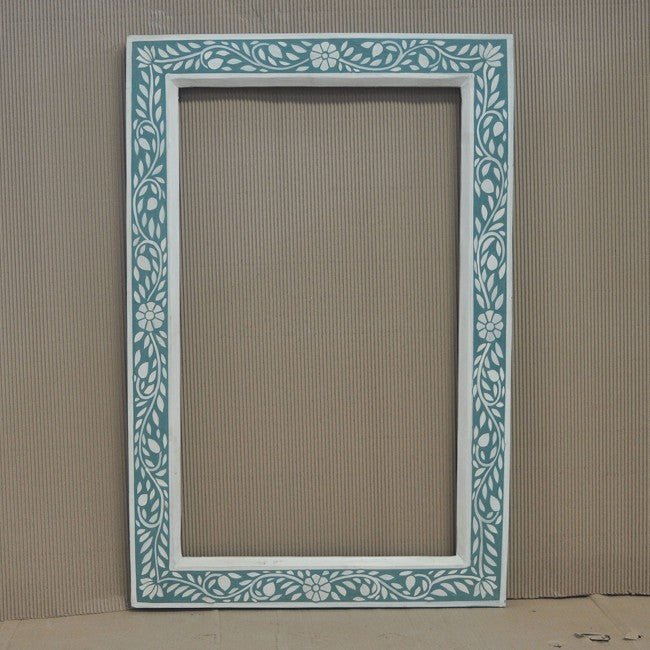Floral Painted Reclaimed Wood Wall Mirror Frame Teal – handcrafted solid wood furniture