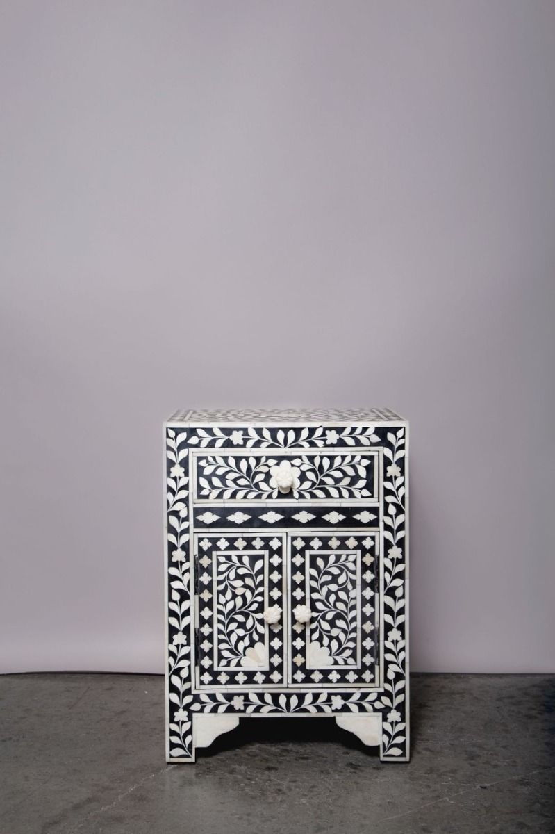 Fontana Infinity Bone inlay Bedside Table by Hibashi Furniture – handcrafted solid wood furniture made in India