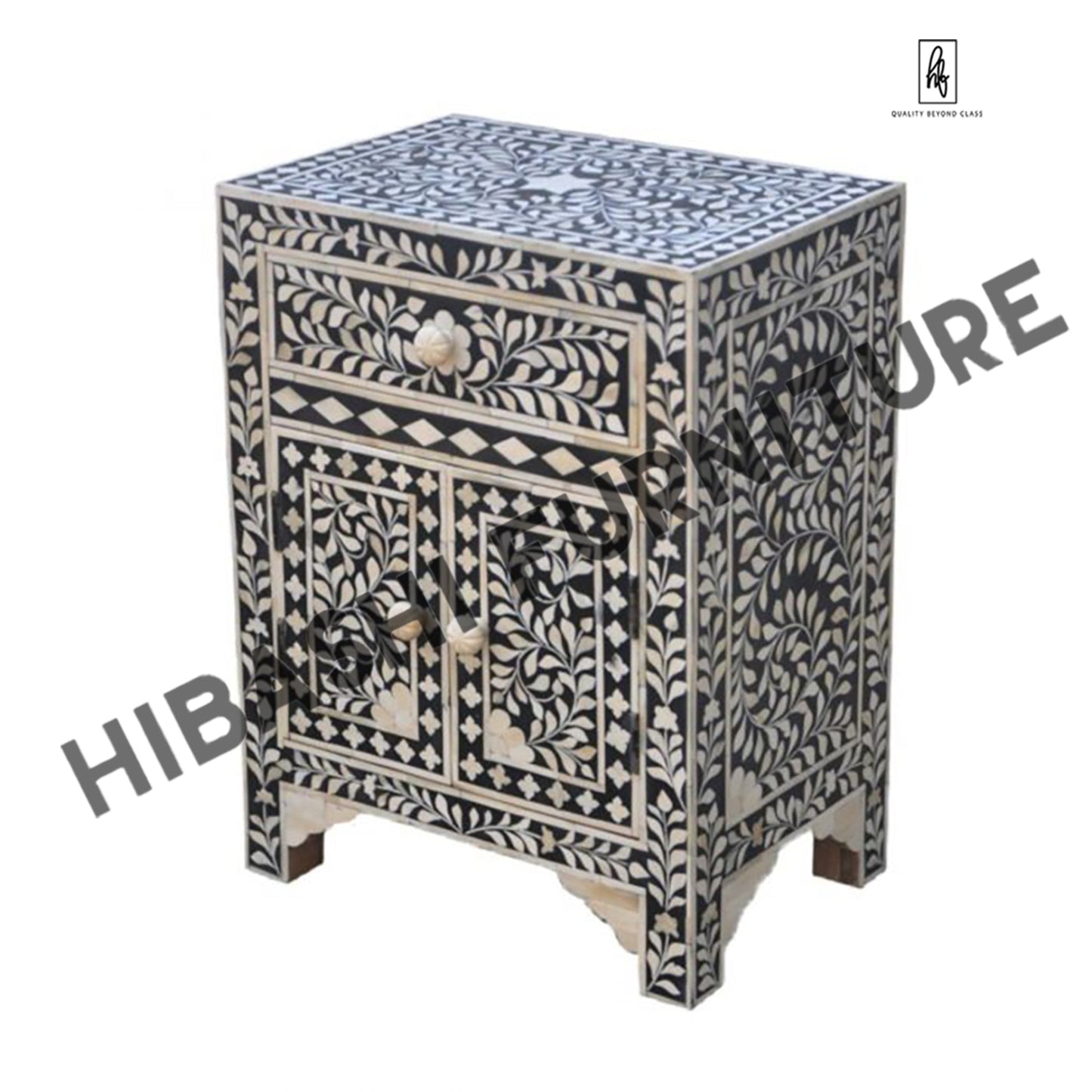 Fontana Infinity Bone inlay Bedside Table by Hibashi Furniture – handcrafted solid wood furniture made in India