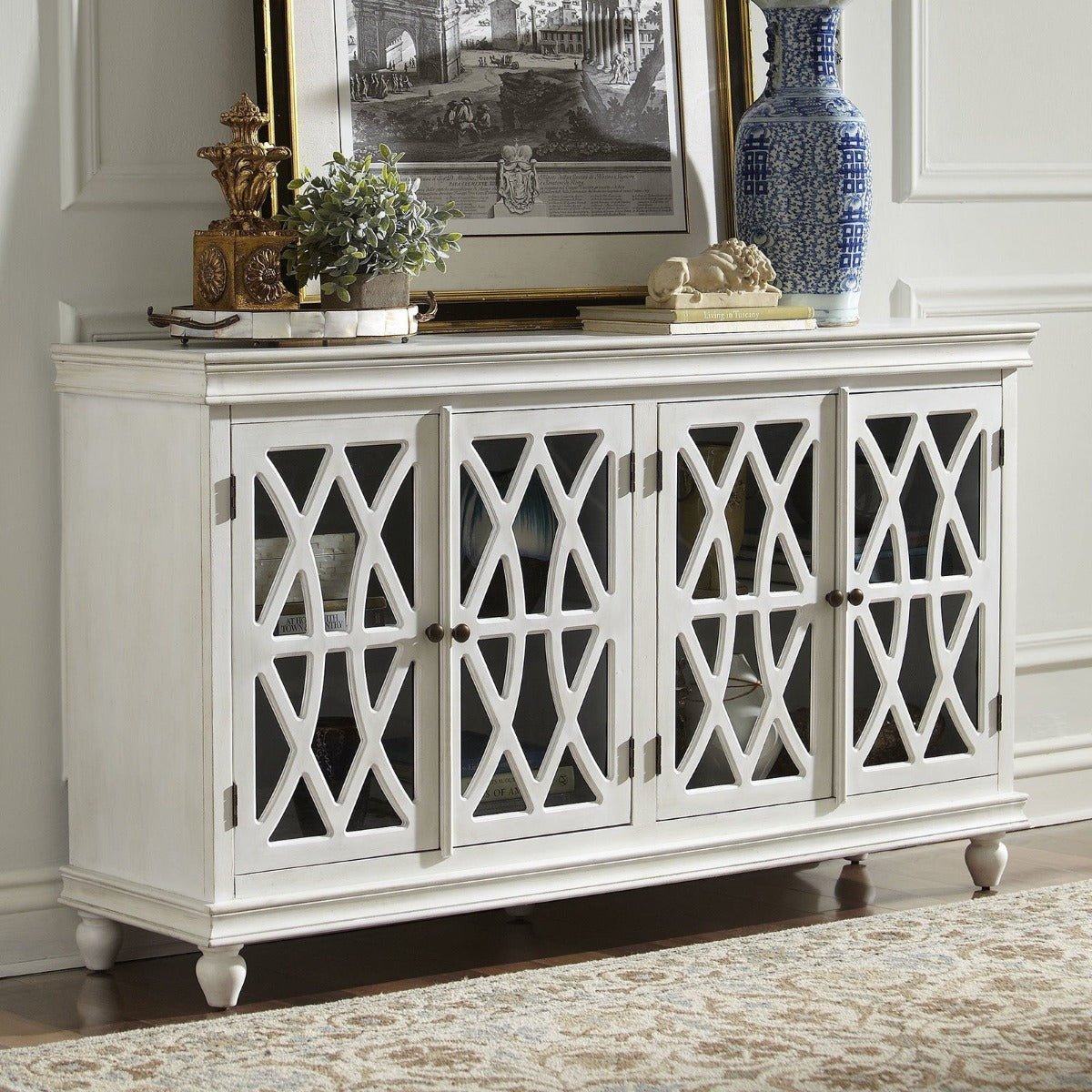 FRENCH ARCHED WHITE GLASS DOOR SIDEBOARD by Hibashi Furniture – handcrafted solid wood furniture made in India