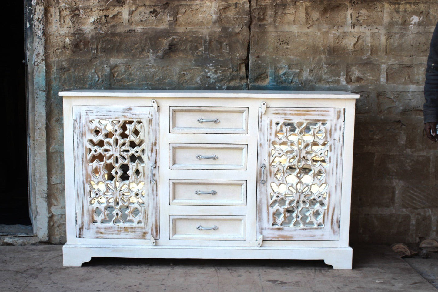 FRENCH ARCHED WITH 4 DRAWERS AND MIRROR DOOR SIDEBOARD – handcrafted solid wood furniture