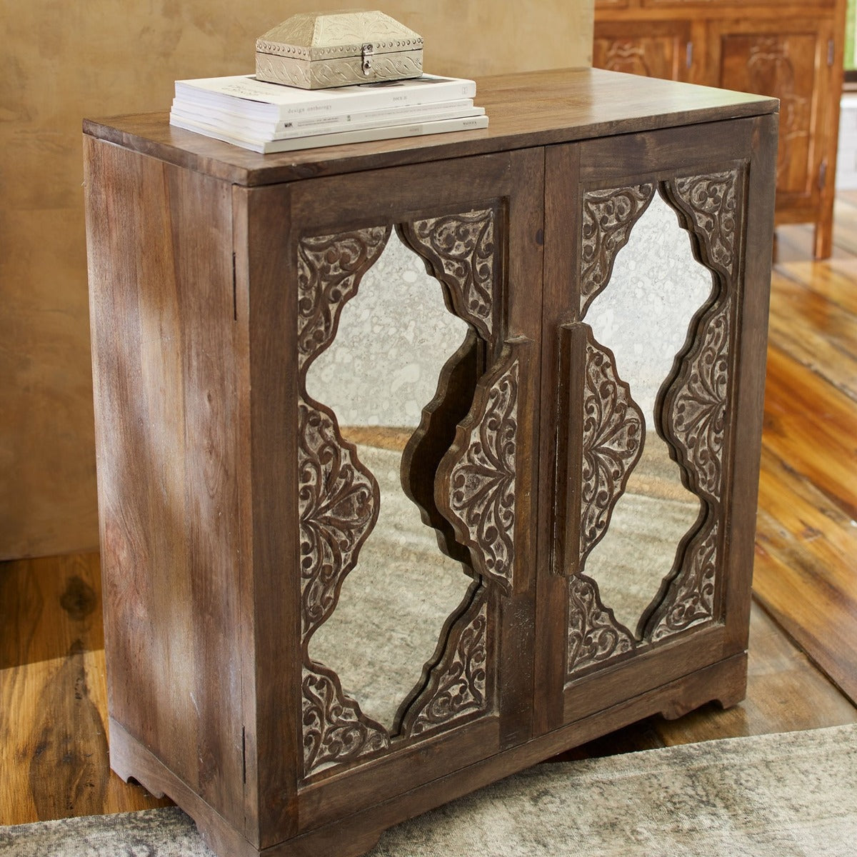 India Hand Carved Mirror Doors Sideboard