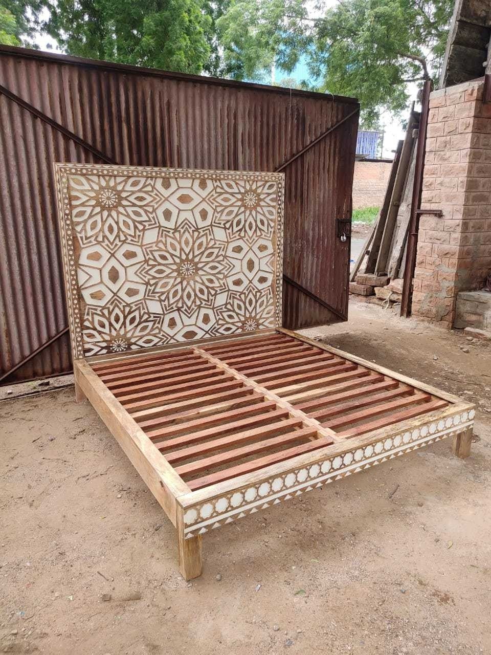 Geometric Floral Design Handmade Wooden Bed by Hibashi Furniture – handcrafted solid wood furniture made in India