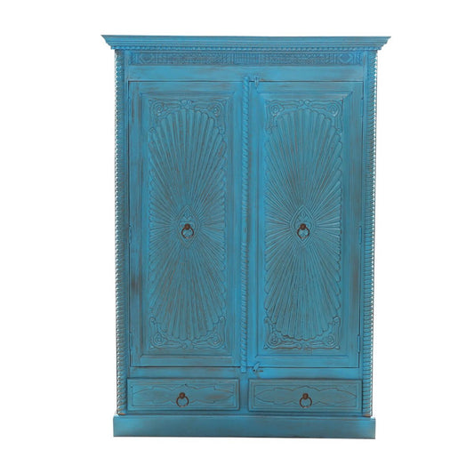 Guful Turquoise Hand Carved Solid Wood 2 Drawer Armoire – handcrafted solid wood furniture