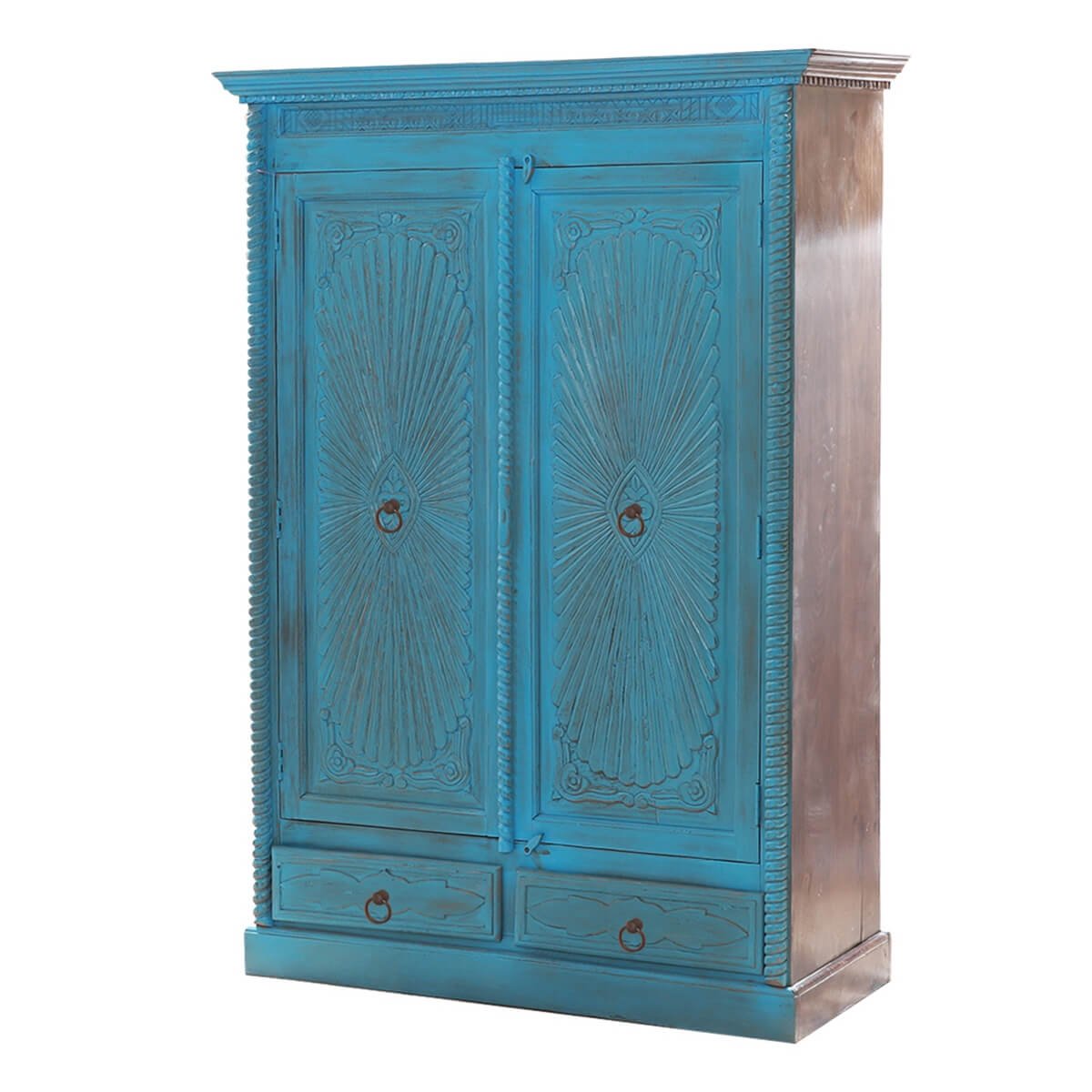 Guful Turquoise Hand Carved Solid Wood 2 Drawer Armoire by Hibashi Furniture – handcrafted solid wood furniture made in India