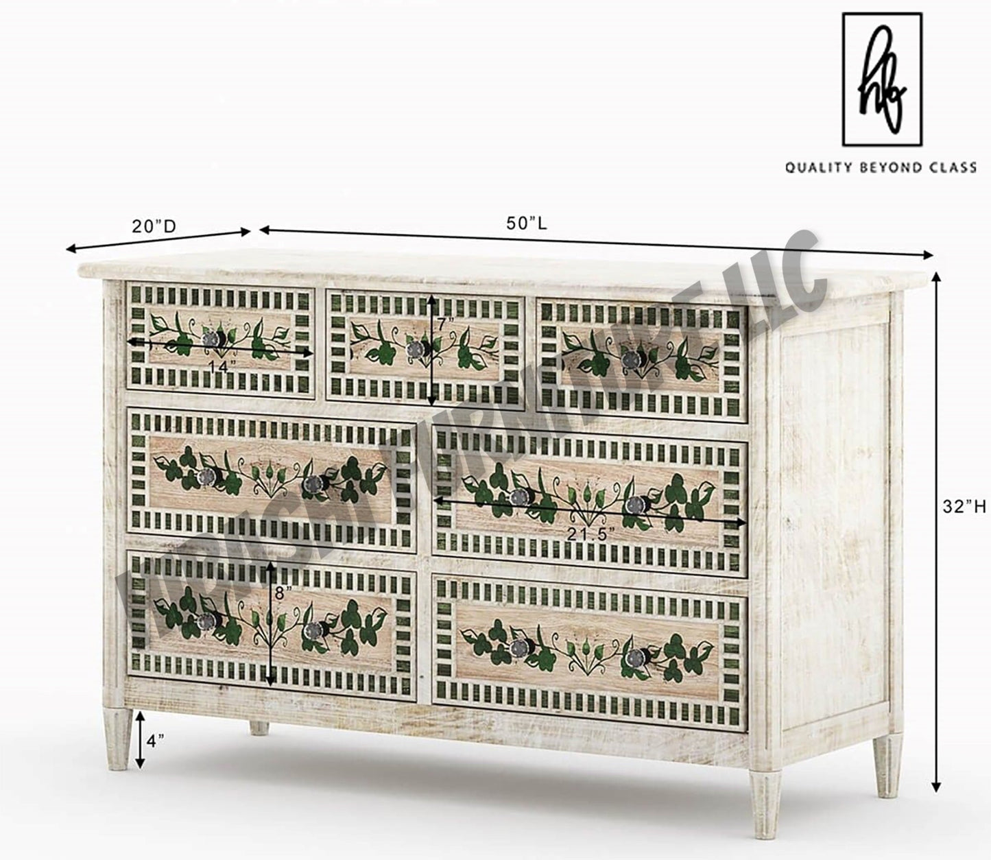 HALINA Handpainted Mango Wood 7 Drawer Bedroom Dresser – handcrafted solid wood furniture