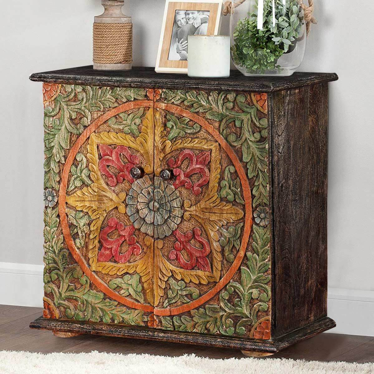 Hamala Hand Carved Distressed Mango Wood Accent Storage Cabinet – handcrafted solid wood furniture